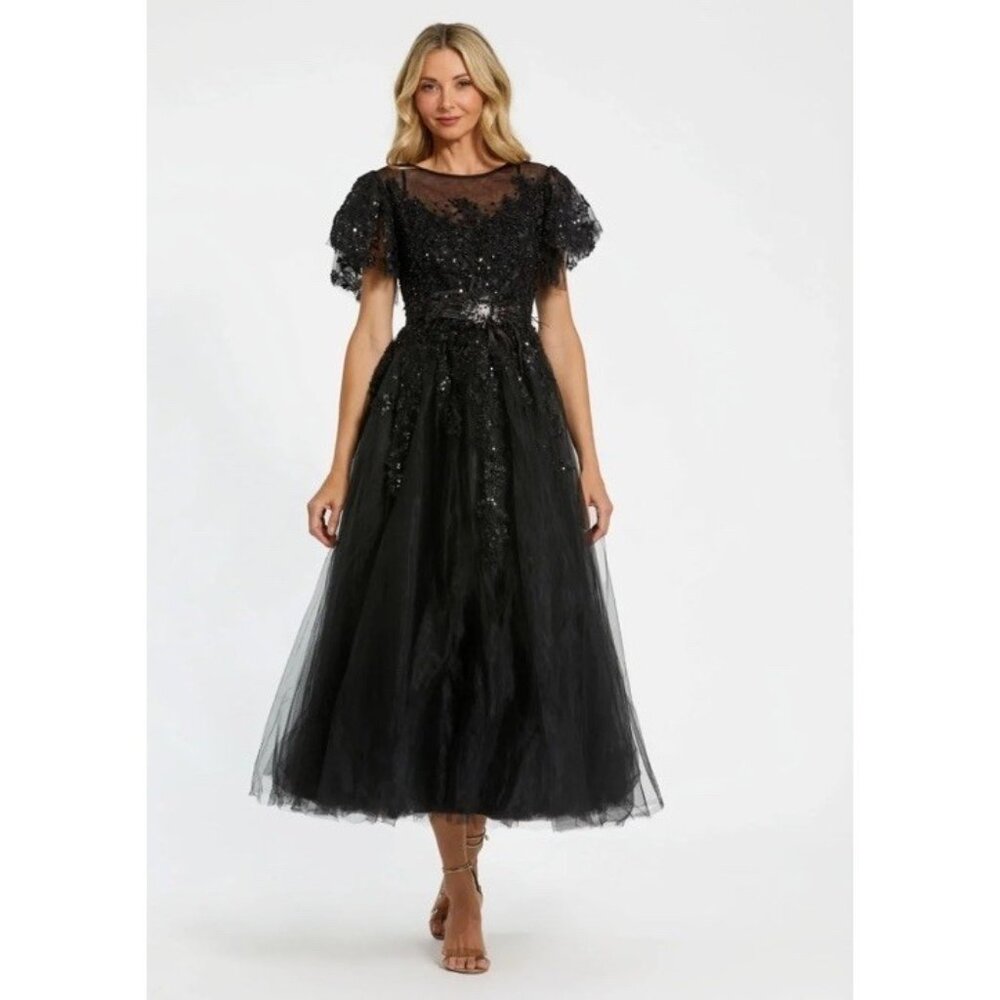 Mac Duggal Gown Dress Womens‎ Size 2 Black Embellished Sequin Feathers 20362